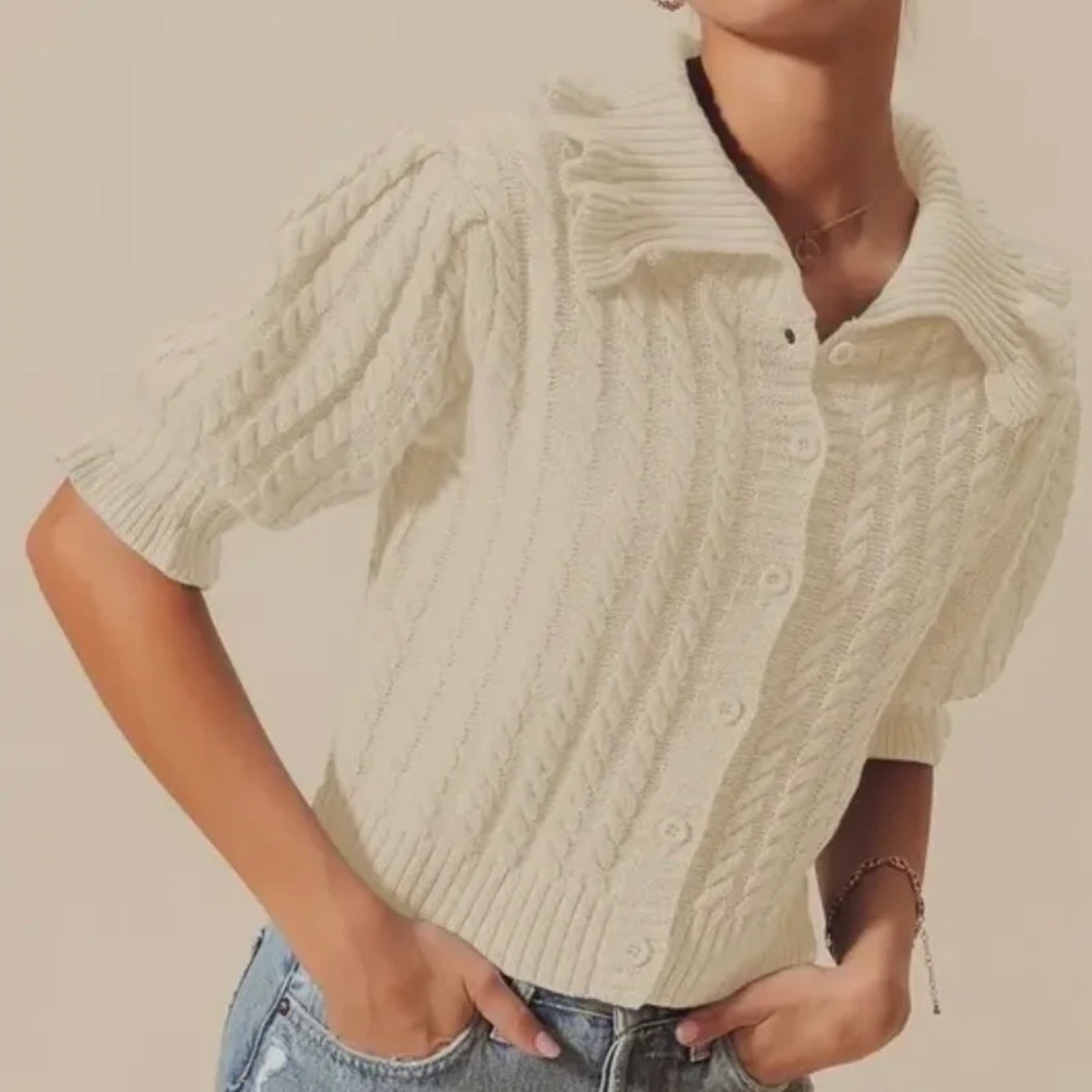 Cotton Emporium Cream Cable-Knit Short Sleeve Cardigan